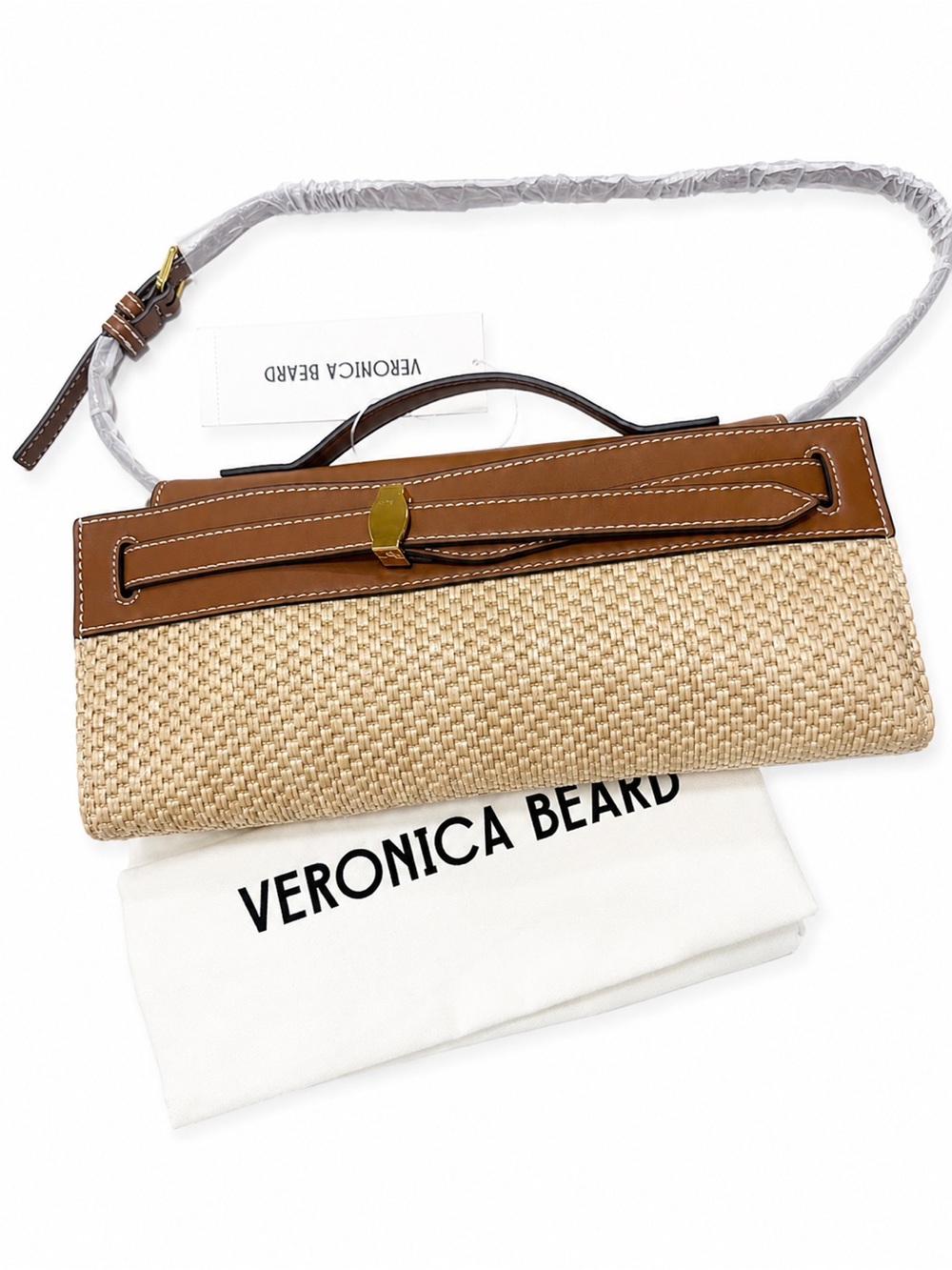 Veronica Beard Dash Raffia Clutch Hazelwood Leather Top Handle Bag - Picture 8 of 12